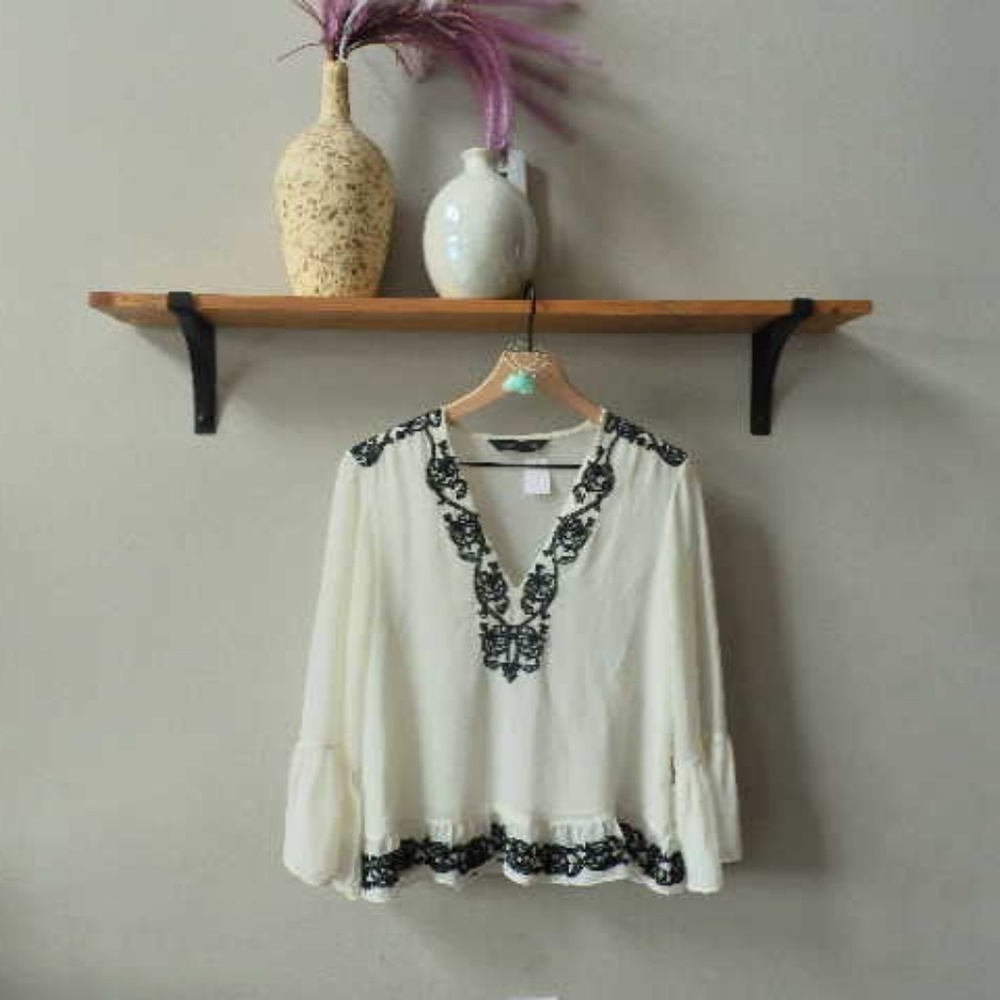 Zara sheer cream black lace blouse top shirt